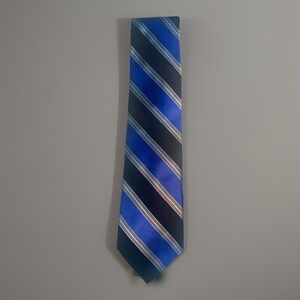 Lauren Chaps Silk Tie 3.5"x57" Classic Stripe Blue Gold Black Hand Made China